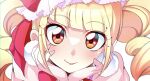  1girl absurdres aisaki_emiru blonde_hair blunt_bangs bow close-up closed_mouth cure_macherie drill_hair earrings hat head_rest highres hugtto!_precure jewelry lips long_hair looking_at_viewer magical_girl mitsuki_tayura pom_pom_(clothes) pom_pom_earrings precure red_bow red_eyes red_headwear smile solo twin_drills twintails 