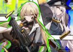  2girls absurdres blonde_hair bullpup changpan_hutao coat copyright_name eyebrows_hidden_by_hair fur-trimmed_coat fur_collar fur_trim girls&#039;_frontline_2:_exilium girls_frontline gun hair_between_eyes hat highres holding holding_gun holding_weapon kar98k_(girls&#039;_frontline) long_hair multiple_girls open_clothes open_coat ots-14_(girls&#039;_frontline) outline peaked_cap red_eyes rifle scope shell_casing very_long_hair weapon white_coat white_hair yellow_eyes 