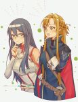  2girls armor asuna_(sao) asuna_(sao)_(cosplay) bare_shoulders blue_eyes blue_gloves blue_hair blush breastplate cape closed_mouth cosplay costume_switch crossover detached_sleeves dress fingerless_gloves fire_emblem fire_emblem_awakening gloves hair_between_eyes highres long_hair looking_at_another lucina_(fire_emblem) lucina_(fire_emblem)_(cosplay) multiple_girls open_mouth orange_eyes orange_hair rizqyan_3 shoulder_armor sidelocks sword_art_online white_dress 