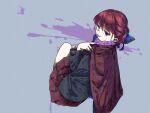  1girl black_shirt blue_bow bow cape grey_background hair_bow long_sleeves nama_udon pleated_skirt red_cape red_eyes red_skirt redhead sekibanki shirt short_hair skirt solo tongue tongue_out touhou 