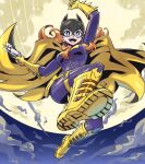  1girl barbara_gordon batgirl batman batman_(series) blue_eyes boots breasts cape clouds cloudy_sky dc_comics floating full_body gloves gun large_breasts mask moon night night_sky open_mouth orange_hair sky smile soles sunafuki_tabito teeth upper_teeth_only weapon 