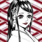  1girl black_eyes black_hair eyelashes hair_ornament highres japanese_clothes kirara_(k43mf) kouzuki_toki lipstick long_hair makeup one_piece partially_colored red_lips smile solo teeth traditional_clothes 