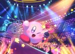  ;d amedama_(akaki_4207) audience blush commentary_request concert cosplay full_body glowstick highres holding holding_microphone hoshino_ai_(oshi_no_ko) hoshino_ai_(oshi_no_ko)_(cosplay) jumping kirby kirby_(series) looking_at_viewer microphone no_humans one_eye_closed open_mouth oshi_no_ko penlight_(glowstick) red_ribbon ribbon screen smile sparkle spotlight stage stage_lights star_(symbol) violet_eyes 