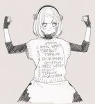  abbystea arms_up fingerless_gloves flexing genshin_impact gloves layered_sleeves long_sleeves noelle_(genshin_impact) print_sweater puffy_cheeks russian_text short_over_long_sleeves short_sleeves sketch sweater translation_request 