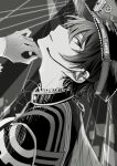  1boy absurdres commentary_request ensemble_stars! gears gloves greyscale hand_up headset highres kagehira_mika looking_at_viewer machina_(ensemble_stars!) male_focus monochrome official_alternate_costume parted_lips short_hair sideways_glance solo t_238_t upper_body 