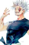  1boy 28cg :d absurdres artist_name black_shirt blue_eyes bruise eyelashes fingernails gojou_satoru hair_up highres injury jujutsu_kaisen male_focus muscular muscular_male open_mouth shirt short_hair short_sleeves simple_background smile solo teeth upper_body upper_teeth_only white_background white_hair 