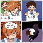  absurdres angry blue_background blue_eyes brown_hair chimeraenvy closed_eyes gracias_normie_ya_lo_mataste_(meme) green_background happy highres ikari_shinji laughing makinami_mari_illustrious meme neon_genesis_evangelion orange_hair rebuild_of_evangelion red-framed_eyewear rei_chikita sad school_uniform shadow shinji_in_a_chair_(meme) sitting souryuu_asuka_langley tokyo-3_middle_school_uniform white_footwear 