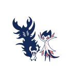  1boy 1other arthropod_boy blank_eyes blush blush_stickers cloak commentary dual_persona extra_eyes full_body grimm_(hollow_knight) high_collar hollow_knight knight_(hollow_knight) looking_at_viewer red_eyes sakana_2-gou shadow simple_background spoilers standing tail void_entity_(hollow_knight) white_background 