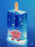  :o blue_background blue_eyes blush commentary_request food full_body highres ice_cream kirby kirby_(series) looking_at_viewer no_humans odayaka_(odk_yuk) open_mouth popsicle signature standing 