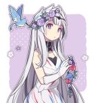  1girl :o animal bare_shoulders bird black_choker black_hair blush breasts choker feather_hair_ornament feathers fire_emblem fire_emblem_engage flower grey_hair haconeri hair_flower hair_ornament long_hair looking_at_viewer multicolored_hair open_mouth petite solo two-tone_hair very_long_hair veyle_(fire_emblem) violet_eyes wavy_hair 