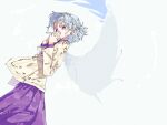  1girl brown_jacket closed_mouth covering_mouth dress grey_background grey_hair grey_wings jacket kishin_sagume long_sleeves looking_at_viewer nama_udon purple_dress red_eyes short_hair simple_background single_wing solo touhou wings 