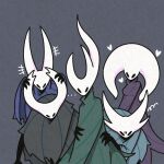  +++ ... 1girl 4others aged_up arthropod_girl black_eyes black_skin blank_eyes blue_cloak blush blush_stickers breasts broken_vessel_(hollow_knight) cloak colored_skin commentary deepnest_vessel_(hollow_knight) furrowed_brow green_cloak greenpath_vessel_(hollow_knight) grey_background grey_cloak hands_up heart hollow_knight horn_grab horns hug hug_from_behind knight_(hollow_knight) light_blush looking_at_viewer multiple_others purple_cloak sakana_2-gou simple_background small_breasts squiggle standing 