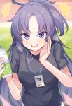  1girl alternate_costume blue_archive blurry blurry_background bottle breasts buruma commentary_request grass hair_ornament halo heavy_breathing highres id_card long_hair looking_at_viewer medium_breasts mi_taro333 open_mouth purple_hair solo violet_eyes water_bottle whispering yuuka_(blue_archive) 