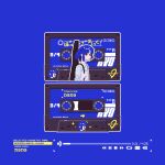  1girl blue_background blue_hair bocchi_the_rock! cassette_tape highres instant_onion instrument_case pixel_art short_hair song_name upper_body user_interface yamada_ryo yellow_eyes 