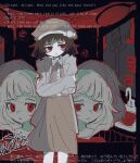  1girl bathroom blood brown_dress brown_hair dress english_text hat long_sleeves looking_at_viewer mashiro_(4otofu4) milk-chan_(milk_series) milk_inside_a_bag_of_milk_inside_a_bag_of_milk mirror multiple_views red_eyes sink sketch solo sticky_note 