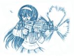  1girl aiming assault_rifle bbb_(friskuser) blouse blue_theme commentary firing fn_fnc girls_und_panzer gun hairband long_sleeves monochrome motion_blur neckerchief one_eye_closed ooarai_school_uniform pleated_skirt reizei_mako rifle school_uniform serafuku shell shirt skirt solo standing weapon 