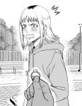  1girl ^^^ absurdres angry artist_name blush chainsaw_man drawstring highres holding holding_jewelry holding_ring hood hood_down hoodie jewelry kei_dragonsheaven lamppost looking_at_viewer marriage_proposal medium_hair monochrome open_mouth outdoors pov pov_hands ring sanpaku sawatari_akane_(chainsaw_man) sharp_teeth sidelocks slit_pupils surprised sweatdrop teeth upper_body v-shaped_eyebrows wide-eyed 