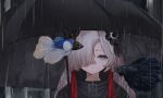  1girl absurdres banka_(merimeribanka) black_coat black_flower black_umbrella coat expressionless fish flower flying_fish grey_eyes grey_hair hair_flower hair_ornament hair_over_one_eye highres holding holding_umbrella isekai_joucho kamitsubaki_studio long_hair looking_at_viewer multicolored_hair rain redhead solo two-tone_hair umbrella upper_body virtual_youtuber 