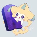  :d banchiku commentary_request food full_body grey_background highres jirachi looking_at_viewer no_humans open_mouth pokemon pokemon_(creature) popsicle signature smile solo star_(sky) violet_eyes 