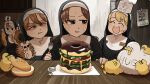  4girls :&lt; :d ^_^ bird blonde_hair blue_eyes body_writing brown_eyes brown_hair burger catholic chef_hat chicken closed_eyes clumsy_nun_(diva) diva_(hyxpk) doughnut duck duckling english_commentary eyewear_on_head food fork froggy_nun_(diva) glasses glasses_nun_(diva) habit hat hedgehog highres hungry_nun_(diva) little_nuns_(diva) multiple_girls nun poster_(object) round_eyewear smile squinting sweat traditional_nun 