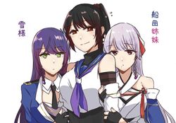  3girls :t arm_hug arms_at_sides assault_lily bare_shoulders black_gloves black_hair black_necktie black_shirt blue_sailor_collar braid breasts bright_pupils character_name closed_mouth collared_shirt criss-cross_halter detached_sleeves epaulettes flower flower_knot flying_sweatdrops funada_kiito funada_ui girl_sandwich gloves green_eyes hair_flower hair_ornament hair_ribbon half_gloves halterneck hand_up hands_up head_on_another&#039;s_shoulder high_ponytail japanese_clothes kimono layered_sleeves long_hair long_sleeves looking_at_another looking_to_the_side medium_breasts mole mole_under_eye mole_under_mouth multicolored_eyes multiple_girls nagasawa_yuki_(assault_lily) necktie nervous_smile nigari_(ngari_0115) odaiba_girls_high_school_uniform orange_eyes partially_fingerless_gloves ponytail pout purple_hair red_eyes red_ribbon ribbon sailor_collar sandwiched school_uniform serafuku shirt siblings side-by-side side_braid sideways_glance simple_background single_braid sisters sleeveless sleeveless_shirt smile sweatdrop tassel undershirt upper_body violet_eyes white_background white_flower white_kimono white_pupils white_ribbon white_shirt 