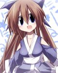  1girl bibi02 blue_bow blue_eyes bow breasts brown_hair clothing_cutout cowboy_shot hair_bow japanese_clothes long_hair nagasarete_airantou open_mouth ponytail ribbon shoulder_cutout simple_background suzu_(nagasarete_airantou) very_long_hair white_ribbon 