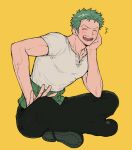  1boy facing_viewer full_body green_hair laughing long_sideburns male_focus one_piece pectorals roronoa_zoro short_hair sideburns sitting smile solo toned toned_male tong_noe yellow_background 