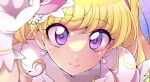  1girl absurdres asahina_mirai blonde_hair blurry blurry_foreground close-up closed_mouth cure_miracle depth_of_field earrings gloves hand_on_another&#039;s_head hat highres jewelry lips long_hair looking_at_viewer magical_girl mahou_girls_precure! mini_hat mini_witch_hat mitsuki_tayura precure shirt smile solo tilted_headwear violet_eyes white_gloves white_shirt witch_hat 