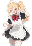  1girl alternate_costume apron black_dress blonde_hair blush bocchi_the_rock! bow bowtie commentary_request cowboy_shot dress enmaided frilled_apron frilled_dress frills highres ijichi_nijika long_hair maid maid_headdress one_eye_closed one_side_up open_mouth polka_dot polka_dot_bow red_bow red_bowtie red_eyes short_sleeves simple_background smile solo thigh-highs tsukasa2048 white_apron white_background white_thighhighs wrist_cuffs 