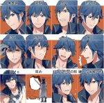  1boy accident ameno_(a_meno0) angry arm_tattoo asymmetrical_clothes blue_eyes blue_hair blush brick_wall broken_wall cape chrom_(fire_emblem) clenched_teeth collage embarrassed fire_emblem fire_emblem_awakening frown gloves glowing hair_between_eyes looking_at_viewer looking_down open_mouth orange_background smile sparkle surprised sweatdrop sword tattoo teeth translation_request wall weapon 