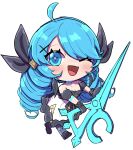  1girl ;d bare_shoulders black_bow bow chibi drill_hair fang gloves gwen_(league_of_legends) hair_bow hair_ornament highres holding holding_scissors league_of_legends long_hair looking_at_viewer monakan_japan one_eye_closed scissors skin_fang smile solo twin_drills twintails x_hair_ornament 