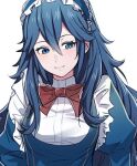  1girl alternate_costume ameno_(a_meno0) blue_eyes blue_hair bow bowtie fire_emblem fire_emblem_awakening frills long_hair long_sleeves looking_at_viewer lowres lucina_(fire_emblem) maid maid_headdress smile solo symbol-shaped_pupils upper_body white_background 