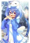  1girl :d animal_on_head black-framed_eyewear blue_hair blue_jacket blurry blurry_background cat commentary_request commission depth_of_field dress frilled_dress frilled_jacket frills glasses hair_between_eyes hands_up hood hood_up hooded_jacket interlocked_fingers jacket kou_hiyoyo long_hair long_sleeves low_wings mini_wings on_head original own_hands_together puffy_long_sleeves puffy_sleeves skeb_commission sleeves_past_wrists smile solo tail violet_eyes white_cat white_dress white_wings wings 