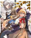  1boy 1girl ahoge artoria_caster_(fate) artoria_pendragon_(fate) ascot autumn beret blonde_hair blue_eyes book bow brown_dress brown_suit coat contemporary cup disposable_cup dress fate/grand_order fate_(series) glasses green_eyes grey_hair hat highres holding holding_book long_hair oberon_(fate) plaid poppoman red_bow suit 