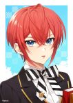  1boy antenna_hair black_jacket blue_eyes bow bowtie hair_between_eyes heart_antenna_hair highres jacket kwakah looking_at_viewer male_focus redhead riddle_rosehearts short_hair solo striped striped_bow striped_bowtie suit tongue tongue_out twisted_wonderland 