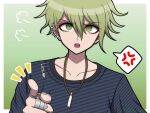  1boy :o amami_rantaro border collarbone danganronpa_(series) danganronpa_v3:_killing_harmony ear_piercing earrings gradient_background green_background green_eyes green_hair hair_between_eyes highres jewelry male_focus necklace notice_lines piercing ring shirt short_hair solo striped striped_shirt suiren_yurei teeth upper_teeth_only white_border 