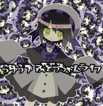  1girl black_capelet black_hair blush_stickers bright_pupils capelet collared_dress cowboy_shot dress flat_chest green_eyes grey_dress grey_headwear hat hat_ribbon highres looking_at_viewer no_nose open_mouth original purple_ribbon ribbon short_hair sketch sleeves_past_fingers sleeves_past_wrists smile translation_request usagi_nui white_pupils 