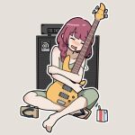  1girl alcohol_carton amplifier bare_shoulders blush bocchi_the_rock! braid braided_ponytail closed_eyes dress drooling drunk full_body geta green_dress guitar hiroi_kikuri hugging_object indian_style instrument long_hair mouth_drool nose_blush oishi_oiru open_mouth outline purple_hair sitting sleeveless sleeveless_dress smile solo strap_slip white_outline 