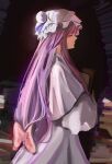  1girl book closed_eyes closed_mouth dress from_side hat highres holding holding_book long_hair long_sleeves mob_cap patchouli_knowledge purple_dress purple_hair purple_headwear sidelocks solo touhou wide_sleeves yuhel 