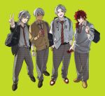  4boys bag belt black_hair breast_pocket brown_footwear collared_shirt colored_tips dark_skin diagonal-striped_necktie earphones fangs full_body fuwa_minato gradient_hair green_background green_eyes hair_ornament hair_over_one_eye hairpin hands_in_pockets highres holding holding_phone ibrahim_(nijisanji) kuzuha_(nijisanji) lauren_iroas loafers male_focus milk_carton multicolored_hair multiple_boys nijisanji pants pen_in_pocket phone pocket pointy_ears purple_hair red_eyes redhead school_bag school_uniform shirt shirt_partially_tucked_in shirt_tucked_in shoes short_hair simple_background sneakers standing streaked_hair sweater sweater_vest v violet_eyes virtual_youtuber white_hair white_shirt zmzm_hiji 