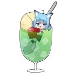  1girl ahoge animal_ear_fluff animal_ears blue_eyes blue_hair blush cherry chibi cup dog_ears food fruit full_body grey_skirt hair_bobbles hair_ornament ice ice_cream ice_cream_float ice_cube in_container in_cup k_(ve_do_9k) looking_at_viewer medium_bangs mini_person minigirl nanashi_inc. open_mouth shirt short_hair simple_background skirt smile solo souya_ichika spoon two_side_up virtual_youtuber white_background white_shirt 