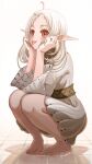  1girl absurdres ahoge ayumu_ad barefoot dress elf full_body hands_on_own_cheeks hands_on_own_face highres medium_hair mushoku_tensei pointy_ears red_eyes solo squatting sylphiette_(mushoku_tensei) tongue tongue_out twitter_username white_dress white_hair 