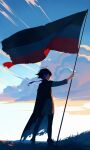  abbystea backlighting black_hair blue_hair braid cloak clouds cloudy_sky flagpole from_behind genshin_impact highres holding holding_pole imperial_russian_flag multicolored_hair pole skirt sky venti_(genshin_impact) wind 