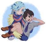  2boys :o ;d black_socks blue_mittens blue_scarf blush breast_pocket brown_eyes brown_footwear brown_hair carrying collared_shirt commentary_request florian_(pokemon) green_eyes green_hair grey_shirt grusha_(pokemon) hand_up highres jacket knees long_sleeves male_focus multiple_boys necktie notice_lines one_eye_closed open_mouth pocket poke_ball_print pokemon pokemon_(game) pokemon_sv purple_necktie purple_shorts sana_(37pisana) scarf shirt shoes short_hair shorts smile socks striped striped_scarf teeth tongue upper_teeth_only v yellow_jacket 