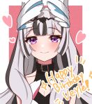  1girl black_choker black_hair blunt_bangs blush choker closed_mouth fire_emblem fire_emblem_engage gmais2514 grey_hair happy_birthday heart long_hair looking_at_viewer multicolored_hair smile solo two-tone_hair upper_body veyle_(fire_emblem) violet_eyes wing_hair_ornament 
