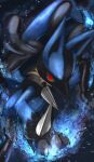  aura energy glowing glowing_eyes highres looking_at_viewer lucario no_humans pemuchi_(chikuwa_3296) pokemon pokemon_(creature) red_eyes solo spikes 