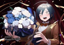  1boy :d ahoge artist_name black_hair blush bouquet bow bowtie brown_eyes brown_jacket brown_vest collared_shirt curtains danganronpa_(series) danganronpa_10th_anniversary_costume danganronpa_v3:_killing_harmony dated happy_birthday highres holding holding_bouquet jacket long_sleeves mokemokeeeee open_clothes open_jacket red_bow red_bowtie ribbon saihara_shuichi shirt short_hair smile solo teeth tongue vest white_shirt 