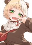  1girl absurdres animal_ears bear_ears blonde_hair brown_cardigan brown_sweater cardigan commentary_request fang finger_in_own_mouth frilled_shirt_collar frills green_eyes highres hololive iikiroro long_sleeves looking_at_viewer momosuzu_nene momosuzu_nene_(2nd_costume) mouth_pull neckerchief official_alternate_costume official_alternate_hair_length official_alternate_hairstyle open_mouth red_neckerchief sailor_collar shirt short_hair simple_background solo sweater teeth upper_body virtual_youtuber white_background white_sailor_collar white_shirt 