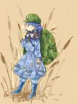  1girl backpack bag blue_eyes blue_footwear blue_hair blue_shirt blue_skirt boots flat_cap full_body green_headwear hair_bobbles hair_ornament hat holding kawashiro_nitori key long_sleeves medium_hair nama_udon shirt skirt solo touhou two_side_up yellow_background 