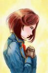  1girl blue_jacket brown_gloves brown_hair desosketch_(pixiv34424949) fairy_gone gloves green_eyes hands_up highres jacket long_sleeves marlya_noel medium_hair own_hands_together profile simple_background solo traditional_media yellow_background 